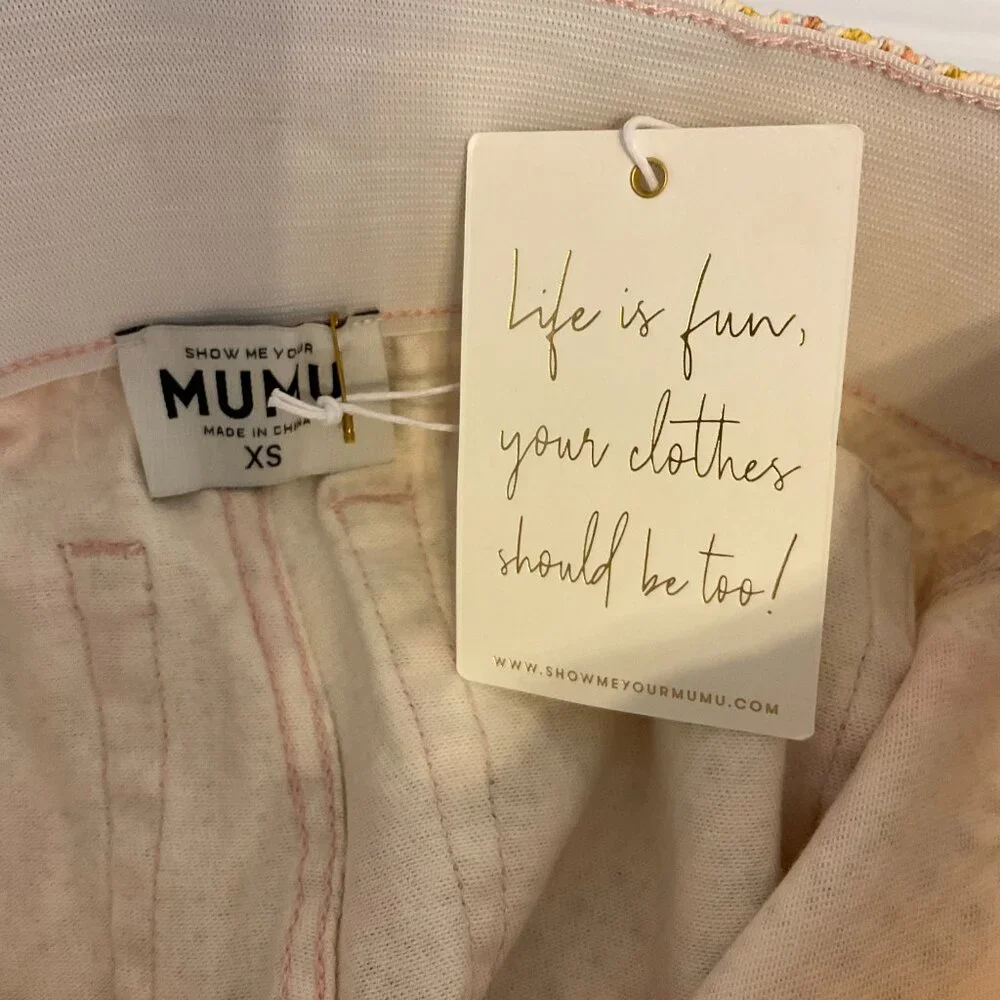 Show Me Your Mumu Pants XS Peach Green Coral Floral Elastic Waist Pull-On Denim - Picture 12 of 12